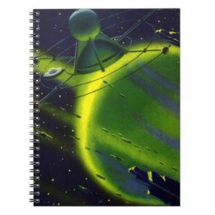 Vintage Science Fiction Grön Planet med Rymdskepp Anteckningsbok Med Spiral
