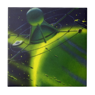 Vintage Science Fiction Grön Planet med Rymdskepp Kakelplatta
