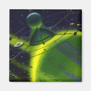 Vintage Science Fiction Grön Planet med Rymdskepp Magnet