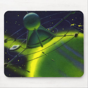 Vintage Science Fiction Grön Planet med Rymdskepp Musmatta