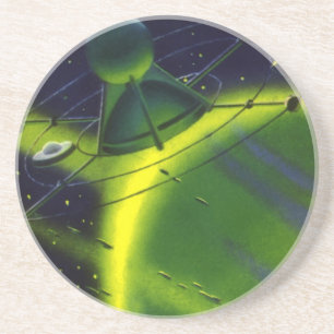 Vintage Science Fiction Grön Planet med Rymdskepp Underlägg
