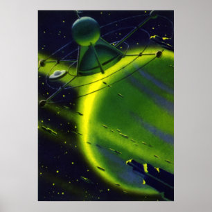 Vintage Science fiction Grönt Planet w Spacesship Poster