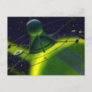 Vintage Science fiction Grönt Planet w Spacesship Vykort