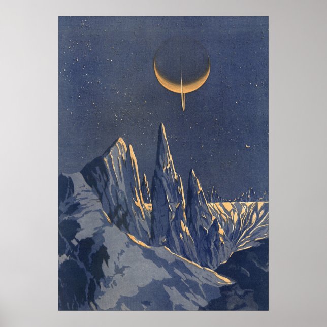 Vintage Science Fiction, halvmåne snö planet Poster (Framsidan)