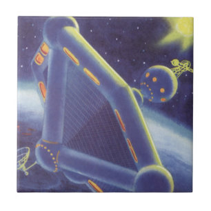 Vintage Science Fiction Kretsande Rymdstation Kakelplatta
