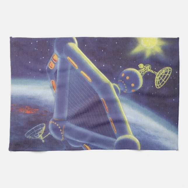 Vintage Science Fiction Kretsande Rymdstation Kökshandduk (Horisontell)