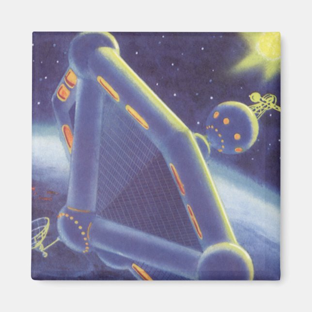 Vintage Science Fiction Kretsande Rymdstation Magnet (Framsidan)