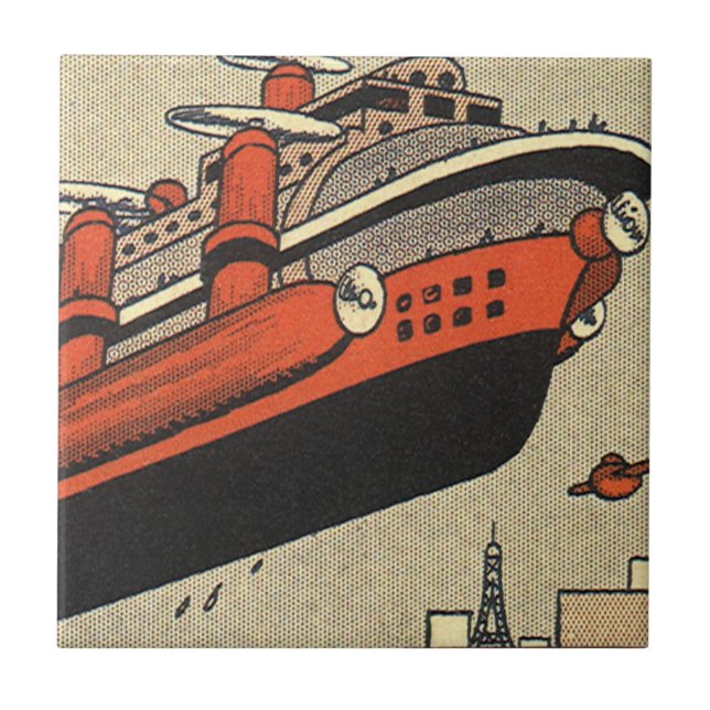 Vintage Science Fiction Kryssningsfartyg Helikopte Kakelplatta (Framsidan)