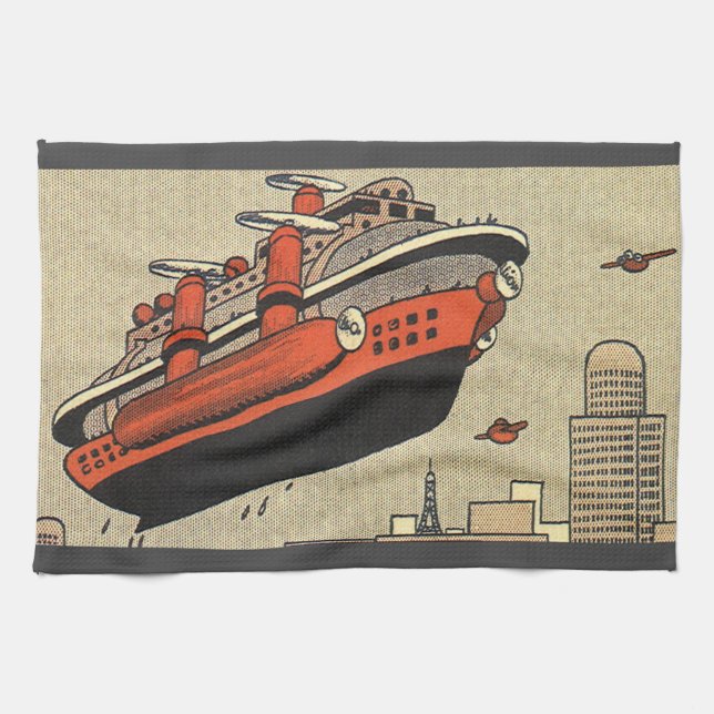 Vintage Science Fiction Kryssningsfartyg Helikopte Kökshandduk (Horisontell)
