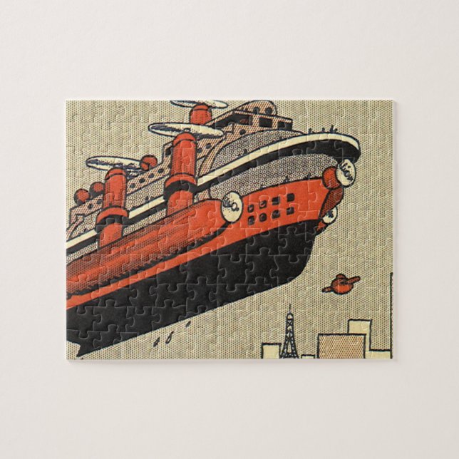Vintage Science Fiction Kryssningsfartyg Helikopte Pussel (Horisontell)