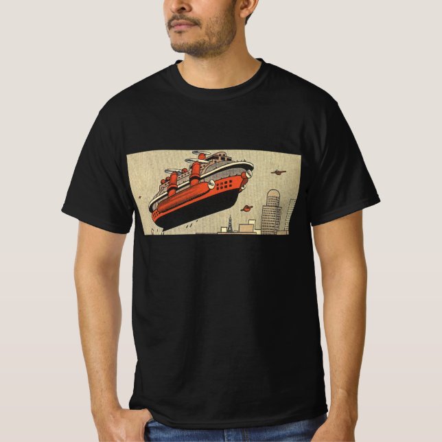 Vintage Science Fiction Kryssningsfartyg Helikopte Tee Shirt (Framsida)