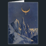 Vintage Science fiction, Måne Snö-planeten Crescen Hälsningskort<br><div class="desc">Vintage illustrerar planeterna Science fiction och rymden i futuristiska. En 50-sekundersmodell i bok i tecknad med en främmande planet täckt med is och snö på natten med ett halvmånsslätt måne över bergen på vintern.</div>