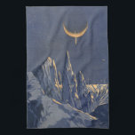 Vintage Science fiction, Måne Snö-planeten Crescen Kökshandduk<br><div class="desc">Vintage illustrerar planeterna Science fiction och rymden i futuristiska. En 50-sekundersmodell i bok i tecknad med en främmande planet täckt med is och snö på natten med ett halvmånsslätt måne över bergen på vintern.</div>