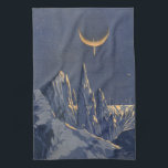 Vintage Science fiction, Måne Snö-planeten Crescen Kökshandduk<br><div class="desc">Vintage illustrerar planeterna Science fiction och rymden i futuristiska. En 50-sekundersmodell i bok i tecknad med en främmande planet täckt med is och snö på natten med ett halvmånsslätt måne över bergen på vintern.</div>