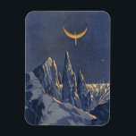 Vintage Science fiction, Måne Snö-planeten Crescen Magnet<br><div class="desc">Vintage illustrerar planeterna Science fiction och rymden i futuristiska. En 50-sekundersmodell i bok i tecknad med en främmande planet täckt med is och snö på natten med ett halvmånsslätt måne över bergen på vintern.</div>