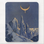 Vintage Science fiction, Måne Snö-planeten Crescen Musmatta<br><div class="desc">Vintage illustrerar planeterna Science fiction och rymden i futuristiska. En 50-sekundersmodell i bok i tecknad med en främmande planet täckt med is och snö på natten med ett halvmånsslätt måne över bergen på vintern.</div>