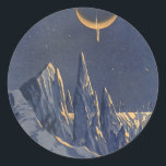 Vintage Science fiction, Måne Snö-planeten Crescen Runt Klistermärke<br><div class="desc">Vintage illustrerar planeterna Science fiction och rymden i futuristiska. En 50-sekundersmodell i bok i tecknad med en främmande planet täckt med is och snö på natten med ett halvmånsslätt måne över bergen på vintern.</div>