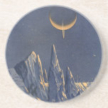 Vintage Science fiction, Måne Snö-planeten Crescen Underlägg Sandsten<br><div class="desc">Vintage illustrerar planeterna Science fiction och rymden i futuristiska. En 50-sekundersmodell i bok i tecknad med en främmande planet täckt med is och snö på natten med ett halvmånsslätt måne över bergen på vintern.</div>
