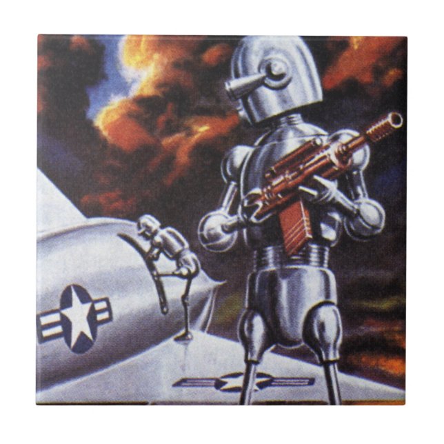 Vintage Science Fiction Militära Robot Soldater Kakelplatta (Framsidan)