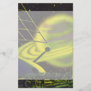 Vintage Science fiction Neon Grönt Planet w Ringa Brevpapper