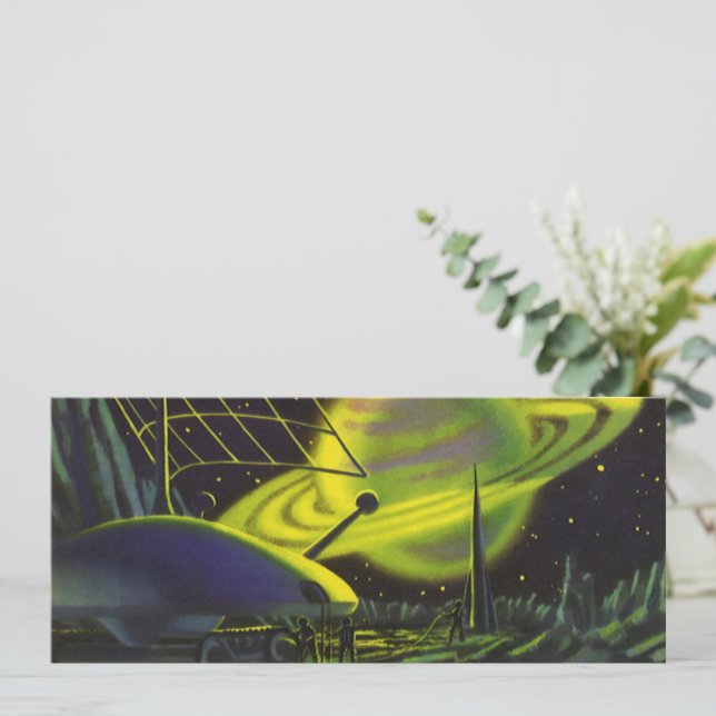 Vintage Science fiction Neon Grönt Planet w Ringar (Stående Fram)