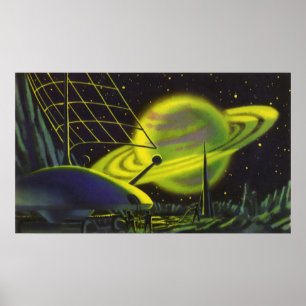 Vintage Science fiction Neon Grönt Planet w Ringar Poster