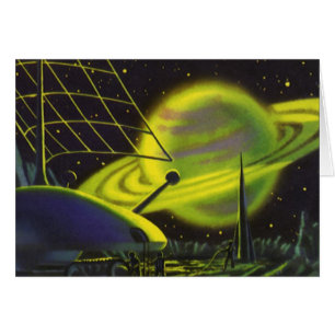 Vintage Science Fiction Neongrön planet med ringar Hälsningskort