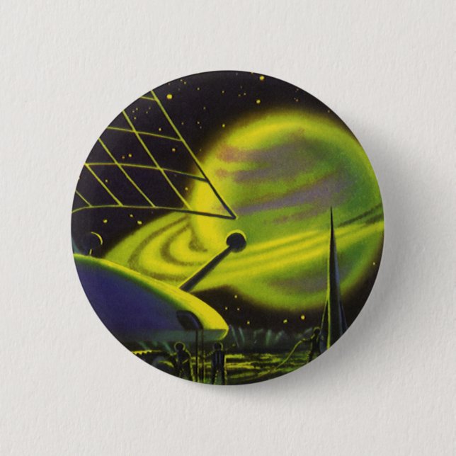 Vintage Science Fiction Neongrön planet med ringar Knapp (Framsida)