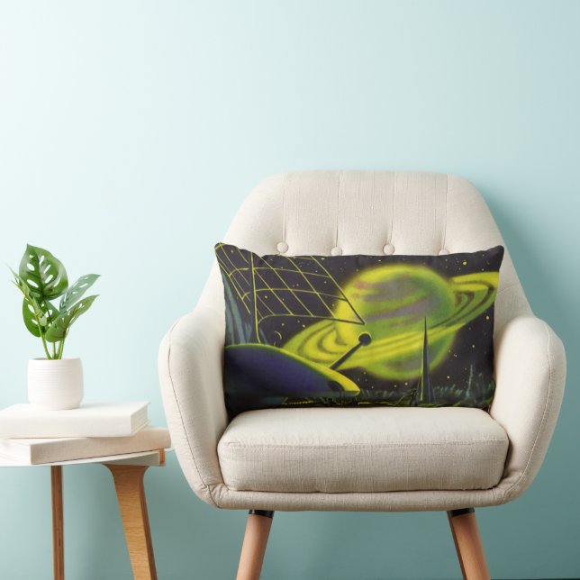 Vintage Science Fiction Neongrön planet med ringar Lumbarkudde (Stol)