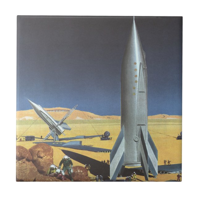 Vintage Science Fiction Ökenplanet med Raketer Kakelplatta (Framsidan)
