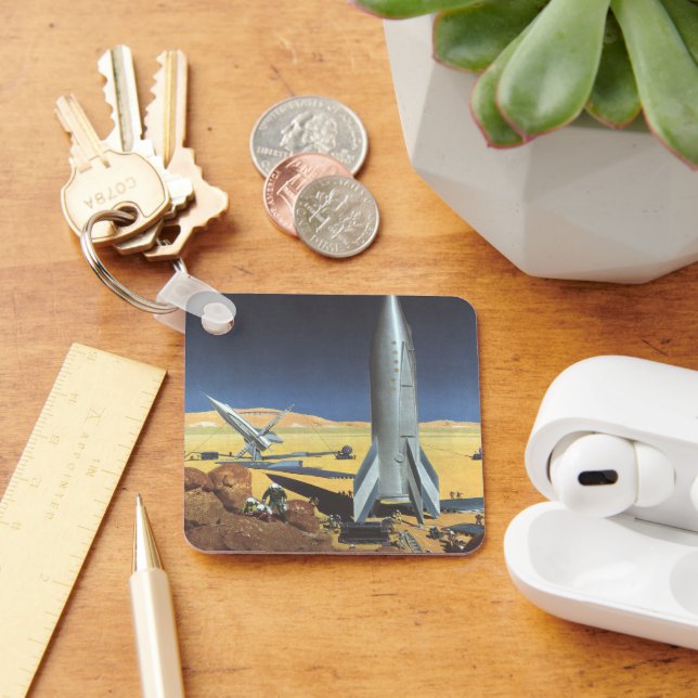 Vintage Science Fiction Ökenplanet med Raketer Nyckelring (Skrivbord)