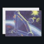 Vintage Science fiction Orbitande rymden Station<br><div class="desc">Bilden av vintagen futuristiska rymden och planets science fiction. Ett område station som omger en planet eller måne och som i framtiden kommer att ha ett starkt sol i himlar. En klassisk 50-sekundersmodell för retrosci om tecknad bok.</div>