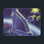 Vintage Science fiction Orbitande rymden Station Magnet<br><div class="desc">Bilden av vintagen futuristiska rymden och planets science fiction. Ett område station som omger en planet eller måne och som i framtiden kommer att ha ett starkt sol i himlar. En klassisk 50-sekundersmodell för retrosci om tecknad bok.</div>