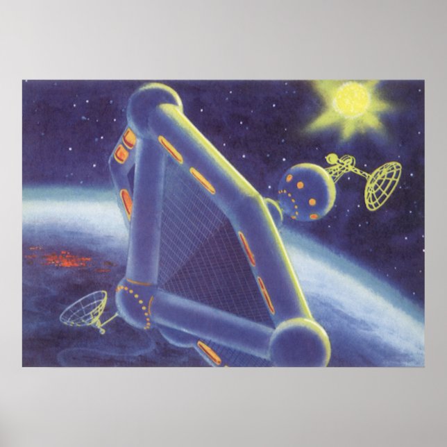 Vintage Science fiction Orbitande rymden Station Poster (Framsidan)