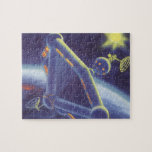 Vintage Science fiction Orbitande rymden Station Pussel<br><div class="desc">Bilden av vintagen futuristiska rymden och planets science fiction. Ett område station som omger en planet eller måne och som i framtiden kommer att ha ett starkt sol i himlar. En klassisk 50-sekundersmodell för retrosci om tecknad bok.</div>