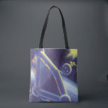 Vintage Science fiction Orbitande rymden Station Tygkasse<br><div class="desc">Bilden av vintagen futuristiska rymden och planets science fiction. Ett område station som omger en planet eller måne och som i framtiden kommer att ha ett starkt sol i himlar. En klassisk 50-sekundersmodell för retrosci om tecknad bok.</div>