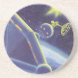 Vintage Science fiction Orbitande rymden Station Underlägg Sandsten<br><div class="desc">Bilden av vintagen futuristiska rymden och planets science fiction. Ett område station som omger en planet eller måne och som i framtiden kommer att ha ett starkt sol i himlar. En klassisk 50-sekundersmodell för retrosci om tecknad bok.</div>