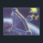 Vintage Science fiction Orbitande rymden Station Vykort<br><div class="desc">Bilden av vintagen futuristiska rymden och planets science fiction. Ett område station som omger en planet eller måne och som i framtiden kommer att ha ett starkt sol i himlar. En klassisk 50-sekundersmodell för retrosci om tecknad bok.</div>