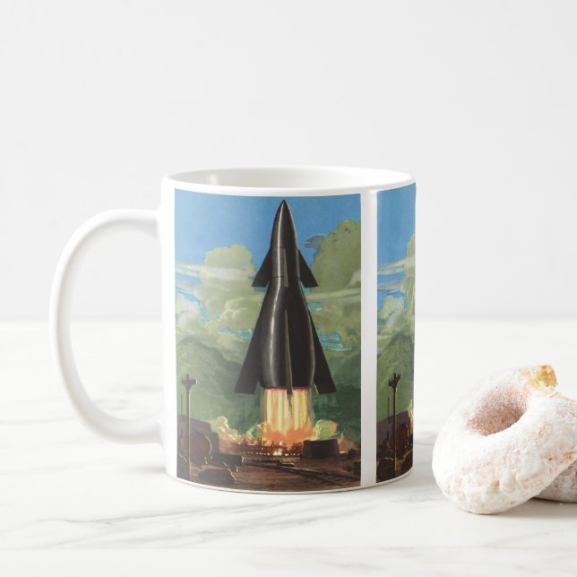 Vintage Science Fiction, raket som lyfter från jor Kaffemugg (Med munk)