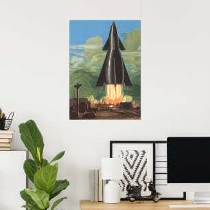 Vintage Science fiction, raketavgjutning utanför j Poster