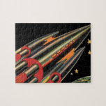 Vintage Science fiction Rocket Frakt efter Space S Pussel<br><div class="desc">Bilden av vintagen futuristiska rymden och planets science fiction. En klassisk 50-årig bok-sci-formgivning för tecknad med en frakt för resor och transport-raketer som färdas genom rymden förbi stjärnorna och måne på vägen tillbaka till jorden.</div>