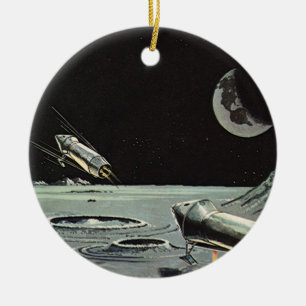Vintage Science fiction, Rocket Fraktas Måne Plane Julgransprydnad Keramik