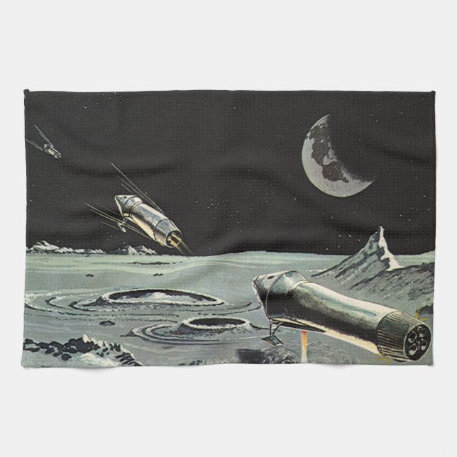 Vintage Science fiction, Rocket Fraktas Måne Plane Kökshandduk (Horisontell)