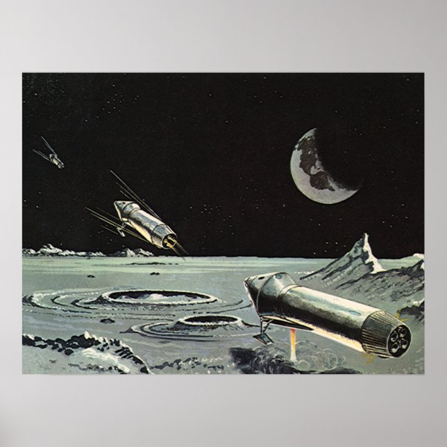Vintage Science fiction, Rocket Fraktas Måne Plane Poster (Framsidan)