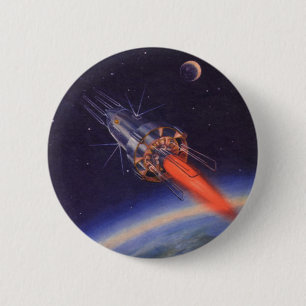 Vintage Science fiction Rocket i rymden över jorde Knapp