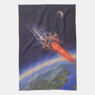 Vintage Science fiction Rocket i rymden över jorde Kökshandduk