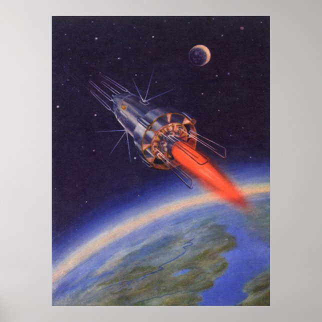 Vintage Science fiction Rocket i rymden över jorde Poster (Framsidan)