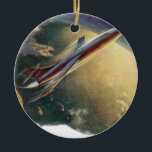 Vintage Science fiction rymdskepp Flygplan jord Julgransprydnad Keramik<br><div class="desc">Vintage illustration futuristiska science fiction färd och transport bild. Ett rymdskepp som ser ut som ett modernt flygplan (liknande Space Shuttle) som startar från Florida över Atlanten och jorden på jorden. Flyg upp i himlar och övre atmosfären. En klassisk 50-sekundersmodell för bok-sci-i-tecknad i framtiden.</div>