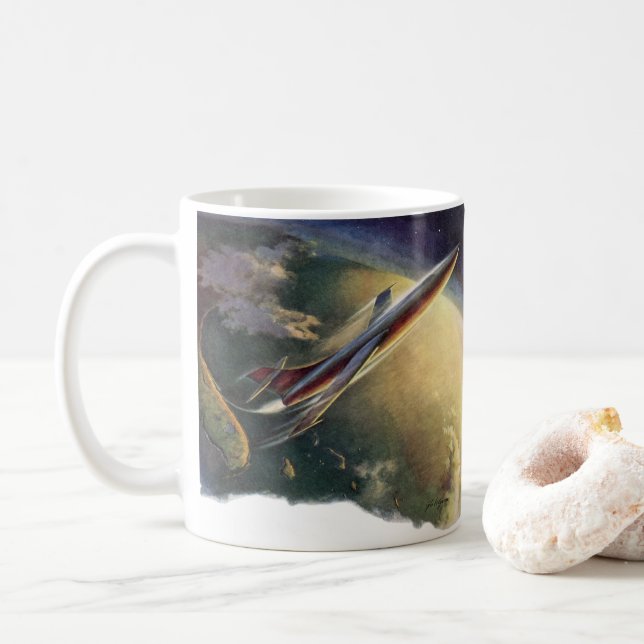 Vintage Science fiction rymdskepp Flygplan jord Kaffemugg (Med munk)
