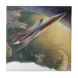 Vintage Science fiction rymdskepp Flygplan jord Kakelplatta<br><div class="desc">Vintage illustration futuristiska science fiction färd och transport bild. Ett rymdskepp som ser ut som ett modernt flygplan (liknande Space Shuttle) som startar från Florida över Atlanten och jorden på jorden. Flyg upp i himlar och övre atmosfären. En klassisk 50-sekundersmodell för bok-sci-i-tecknad i framtiden.</div>